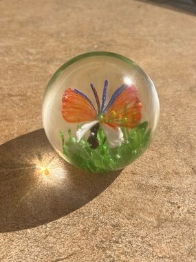 Handmade Orange Butterfly Glass Paperweight - Home Accent